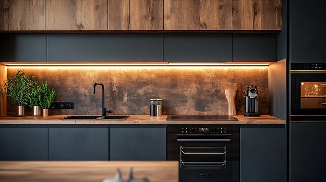 Contemporary designed kitchen with wooden cupboard and countertop dark gray furniture and black oven sink and induction hob : Generative AI