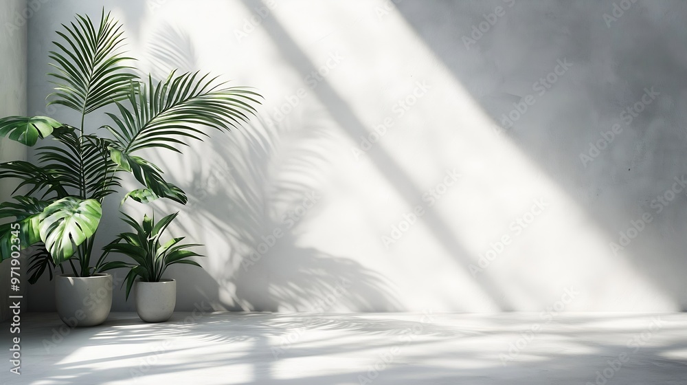 Poster Background Studio White wall Cement with Leaves Shadow and Marble floorEmpty Grey Concrete studio room with Table TopBackdrop background SpringSummer Cosmetic Product DisplayMockup Pre : Generative AI