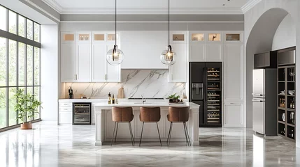 Warm white kitchen with expansive countertops island high end appliances spice kitchen black leather chair dining table wine fridge and office work station : Generative AI © Generative AI