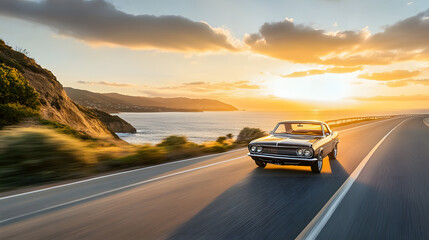 Obraz premium A restored 1960s muscle car cruising along a coastal highway at sunset with the golden light reflecting off its polished chrome details.