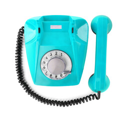 Old light blue telephone with rotary dial isolated on white, top view