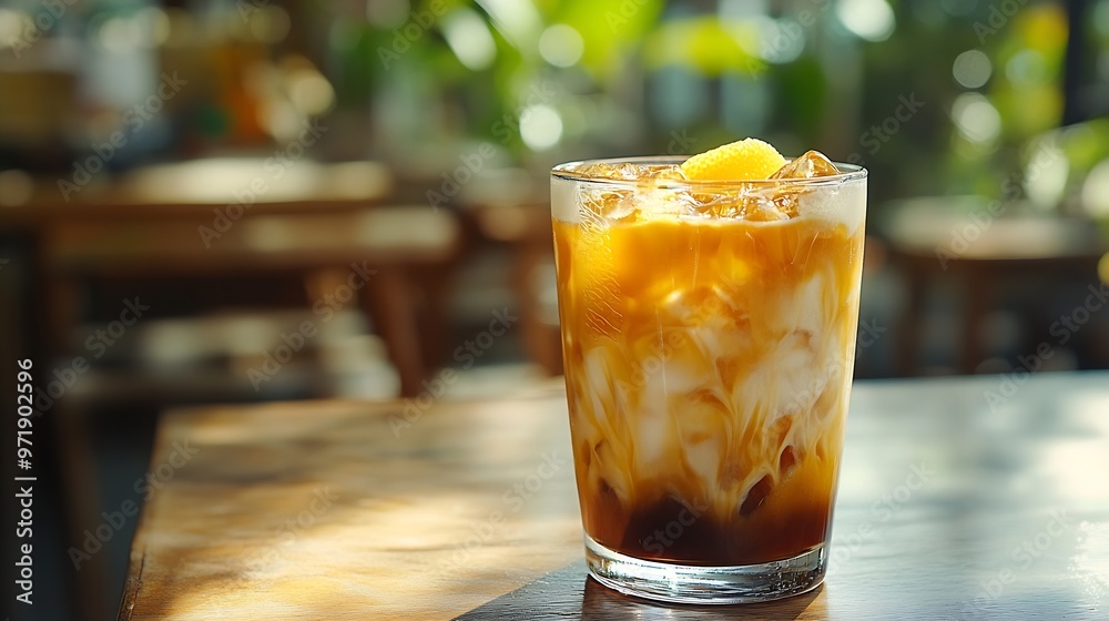 Poster iced coffee with orange juice in a glass a refreshing bumble coffee on a hot summer day outside espr