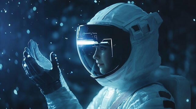 Astronaut in futuristic costume Girl in glasses of virtual reality while touching air Augmented reality game future technology AI concept Dark background : Generative AI