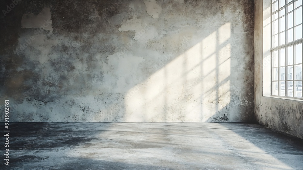 Poster empty warehouse room with grungy stucco concrete wall floor room as background corner of old grunge 
