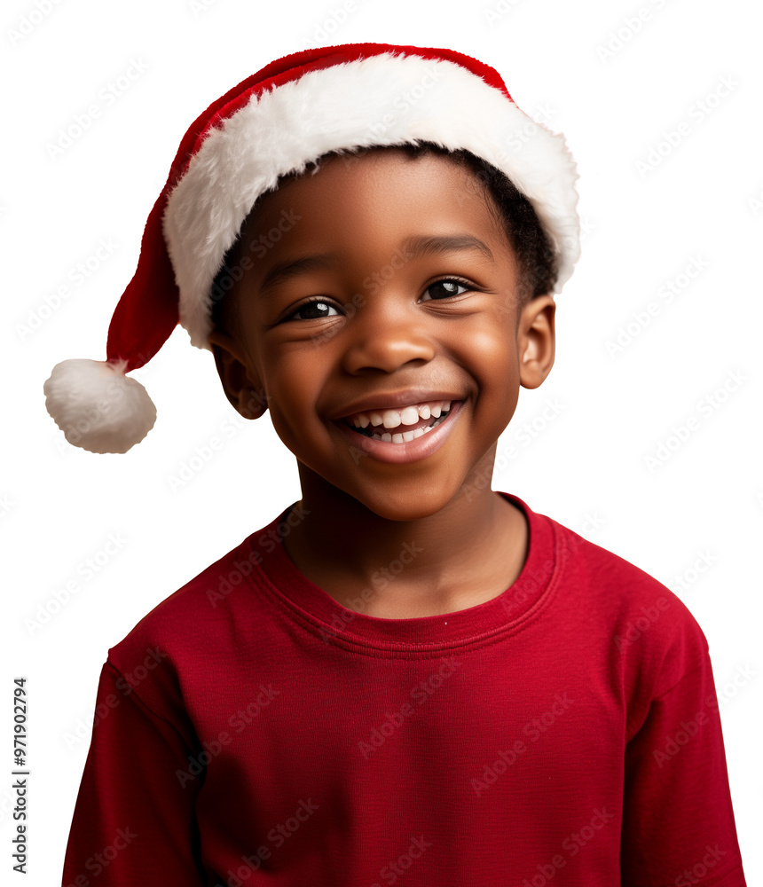 Wall mural african american smiling young boy in santa hat celebrating christmas season isolated on transparent