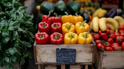 Farmers Market Food Stall with a Selection of Ecological Fruits and Vegetables Organic Red and Yellow Bell Peppers Fresh Eggplants Bio Bananas and Other Groceries on the Outdoors Stand : Generative AI