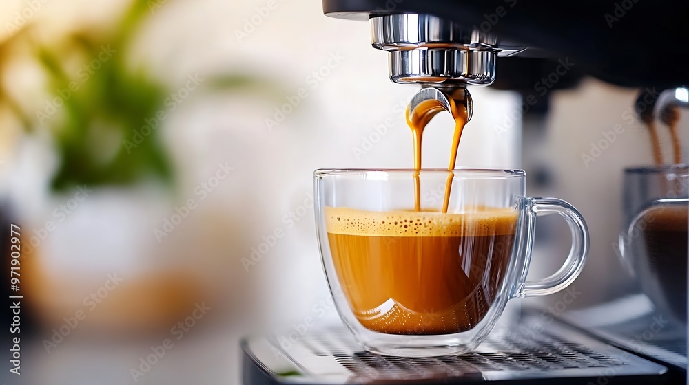 Aufkleber process of making coffee by coffee machine into glass transparent cup espresso coffee coming out fro