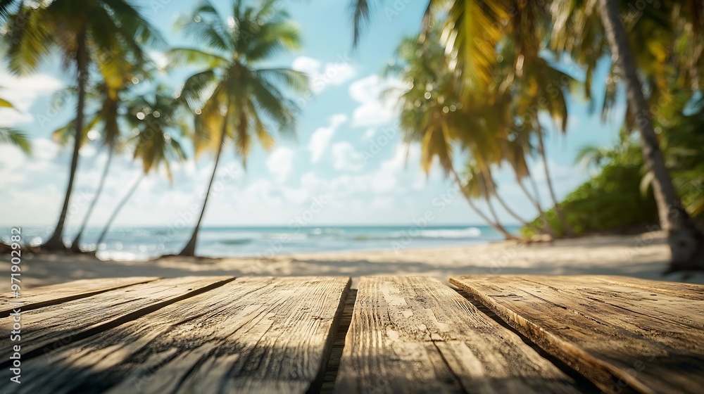 Aufkleber empty wooden table with blurred beach with coconut trees in the background : generative ai
