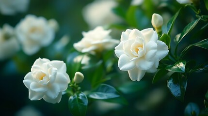 Obraz premium White gardenia flowers blooming in the garden of Kanshuji Temple in Yamashina Kyoto : Generative AI