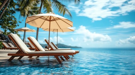 Fototapeta premium Happy tourism holiday landscape Luxury beach resort hotel swimming pool leisure beach chairs under umbrellas palm trees blue sunny sky Summer island seaside relax mood travel vacation : Generative AI