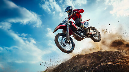 A rider on a sport motorcycle leaping over a hill during an off-road race with dirt flying into the...