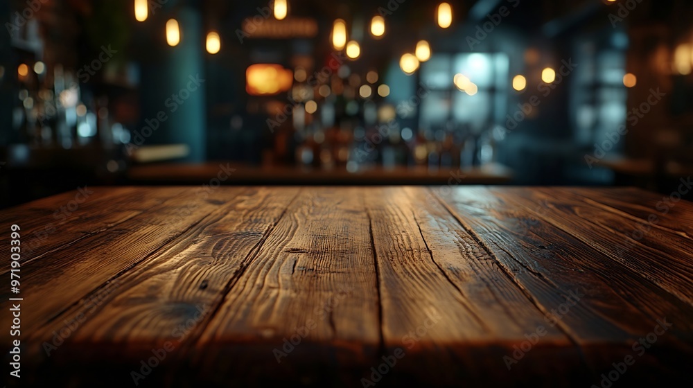 Poster Empty real wood table top with light reflection on scene at restaurant pub or bar at night Blurred background for product display or montage your products with several concept idea and : Generative AI