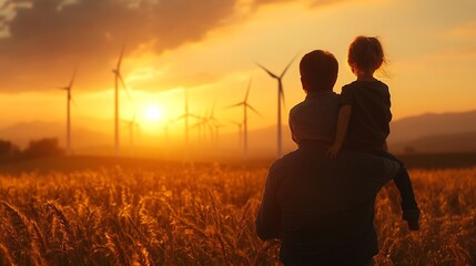 Silhouettes of Happy family father mother and child daughter sits on the shoulders of his father with windmills for electricity generation at sunrise : Generative AI