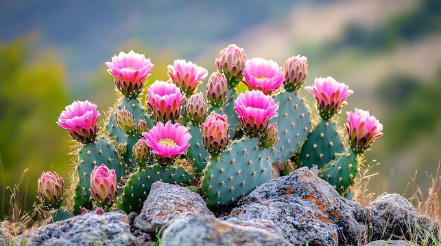 cacti mandacaruCereus jamacaru with flowers and natural landscape background : Generative AI