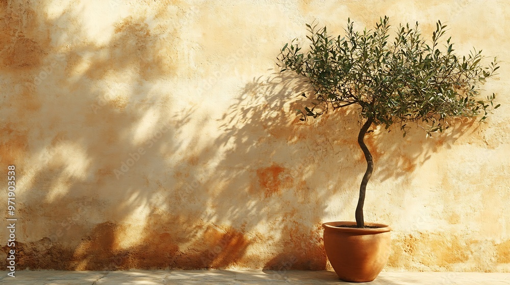 Aufkleber olive tree shadow on beige rustic wall with clay pot summer mediterranean traditional home architect
