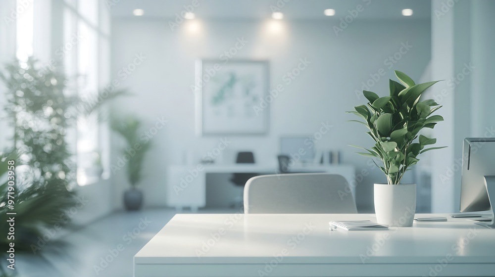Poster Blur background of empty modern office background  Workspace interior design white color  Clean and bright office gallery background : Generative AI