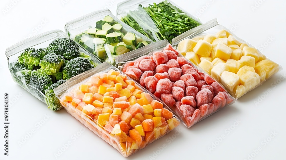 Poster mix of different frozen vegetables in zip bag isolated on white : generative ai