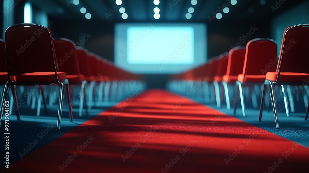 Leinwandbilder screen chairs and projector in empty conference hall with a red carpet on the floor : generative ai