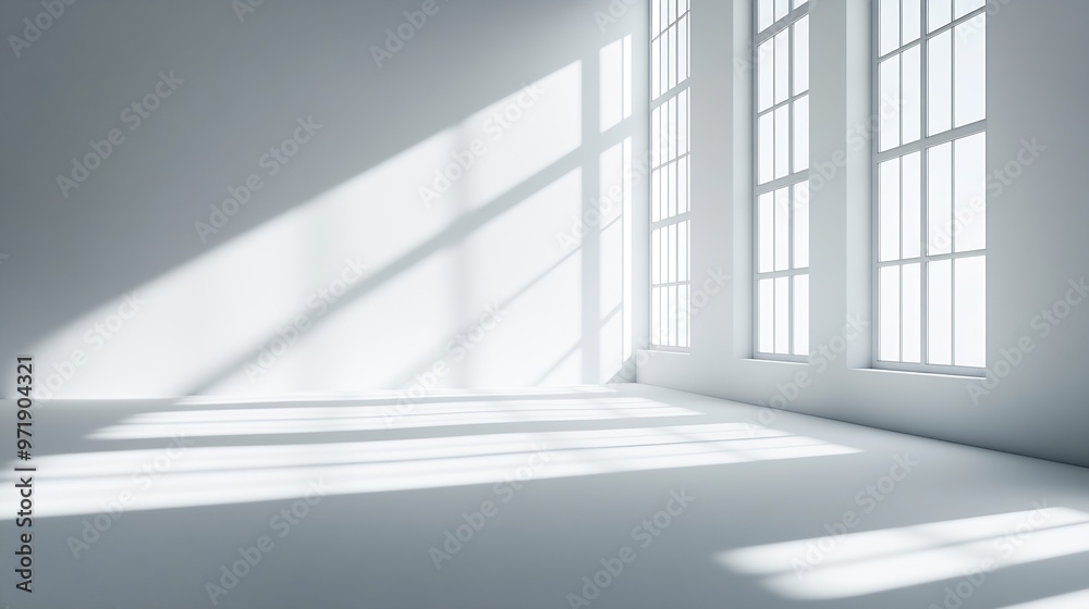Aufkleber Empty white corner Abstract studio background for product presentation 3d room with shadows of window Minimalistic space concept with blurred backdrop : Generative AI