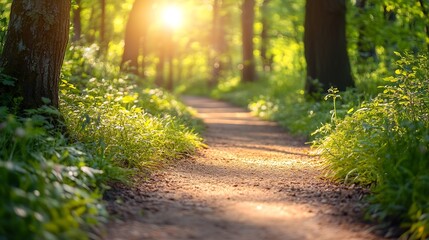 Obraz premium GREEN SPRING NATURE FOREST LANDSCAPE WITH EMPTY PATH WAY IN SUN LIGHT BEAUTY OF NATURE : Generative AI