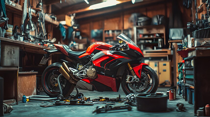 A sport motorcycle in a garage with tools and parts scattered around the machine being tuned up for...