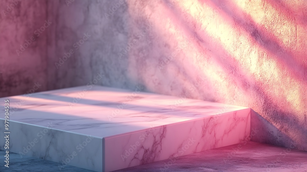 Fototapete Minimal White Marble Table Corner with Shadow and Pink Light Beam on Concrete Wall Background Suitable for Product Presentation Backdrop Display and Mock up : Generative AI