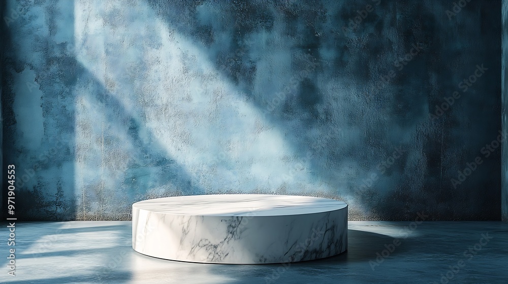 Poster Minimal White Marble Table Corner with Light Beam Shadow and Spotlight on Blue Concrete Wall Background Suitable for Product Presentation Backdrop Display and Mock up : Generative AI