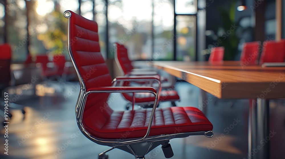 Aufkleber stylish red office chairs and large wooden table in empty conference room : generative ai