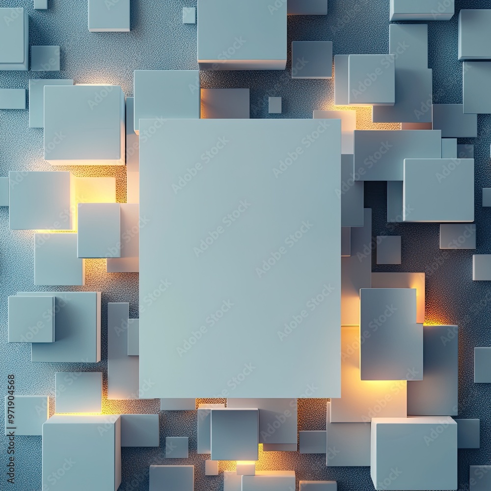 Wall mural a 3d abstract design featuring illuminated blocks surrounding a blank space, perfect for modern back