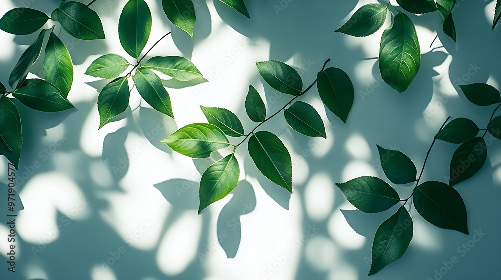 Poster Soft sunlight filters through tree leaves casting gentle shadows and creating an abstract pattern on a white background : Generative AI