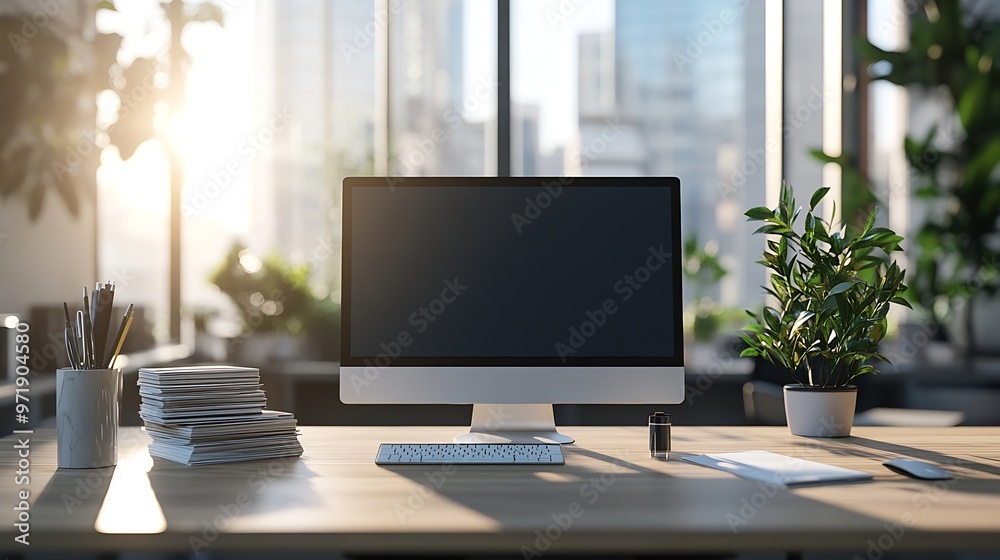 Aufkleber atmosphere inside office with desk workplace with no people computer monitor and some stack of docum