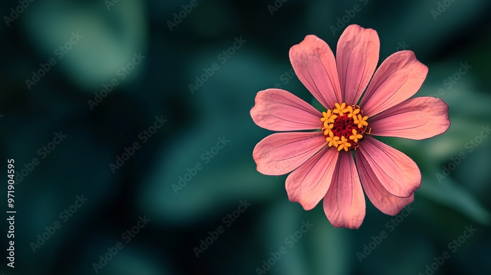 Poster top view of zinnia flower with green blurred background dark pink flower color : generative ai