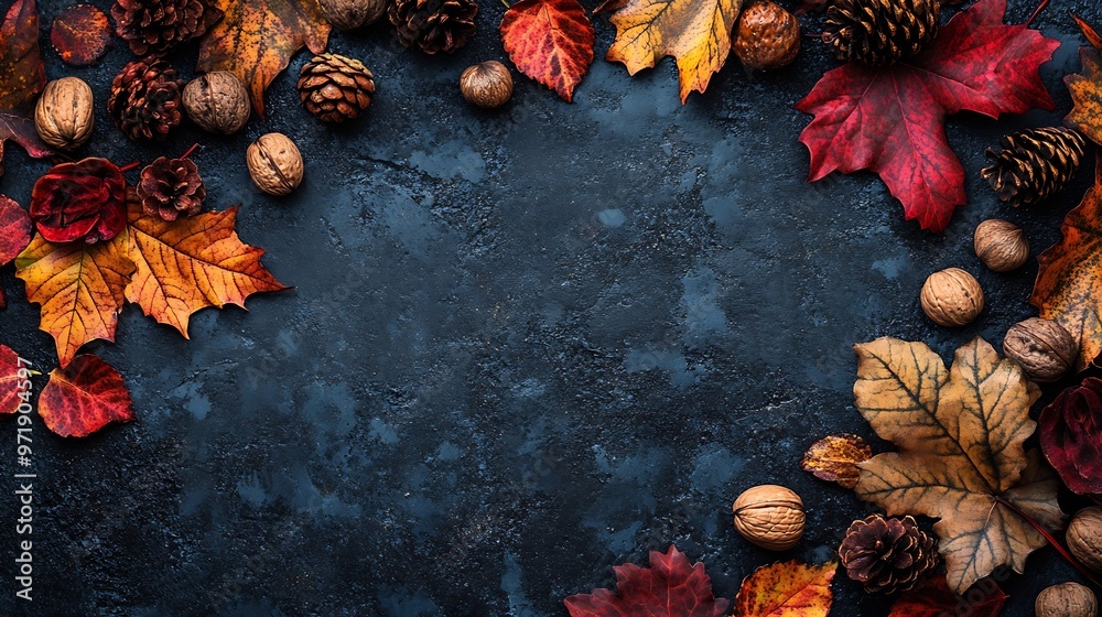 Poster Colorful fall leaves nuts and pine cones Corner border over a rustic dark banner background Overhead view with copy space : Generative AI