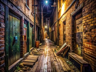 Fototapeta premium Narrow, dimly lit wooden alleyway with worn planks, old brick walls, and scattered debris, evoking a sense of rustic, forgotten, and secluded urban atmosphere.