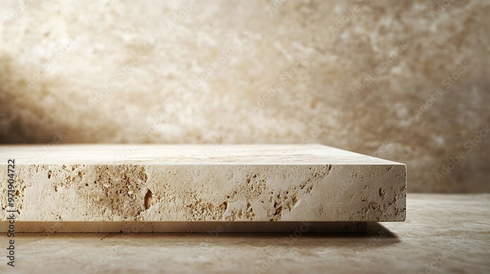 Aufkleber beige travertine marble table corner at foreground used as product displayed isolated on background with clipping path perspective view of marble stone table showing edge of table : Generative AI