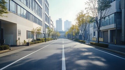 Empty City Street with Buildings and Trees in the Morning
