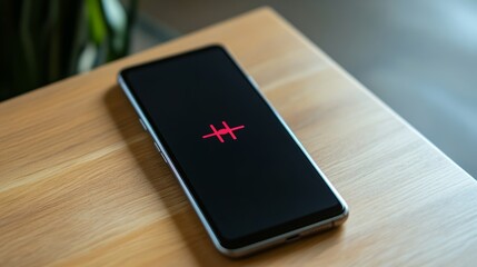 Close-up of a modern smartphone with a battery indicator showing full charge, placed on a wooden table. The background is softly blurred, focusing on the device's safety features