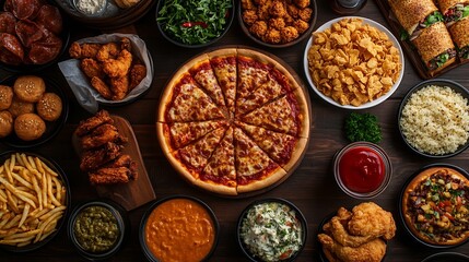 Buffet table scene of take out or delivery foods Pizza hamburgers fried chicken and sides Above view on a dark wood background : Generative AI