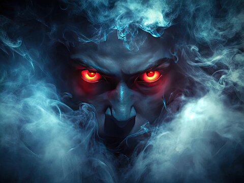 Ominous dark gradient background with eerie, glowing red eyes and swirling mist, evoking a sense of foreboding and malevolent presence lurking in the shadows.