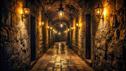 Ominous, dimly lit corridor stretches into darkness, flickering bulbs casting eerie shadows on worn stone walls, intensifying the sense of foreboding and unease.