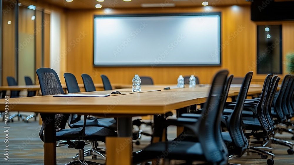 Poster empty conference room with projection screen wooden table and many chairs : generative ai