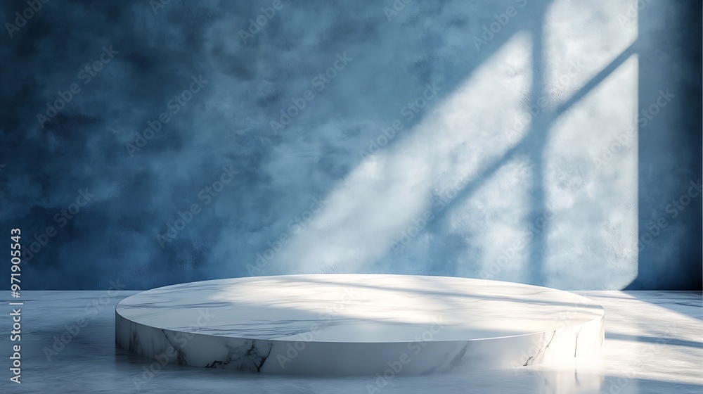 Poster white marble table corner with light beam shadow and spotlight on the blue concrete wall background 