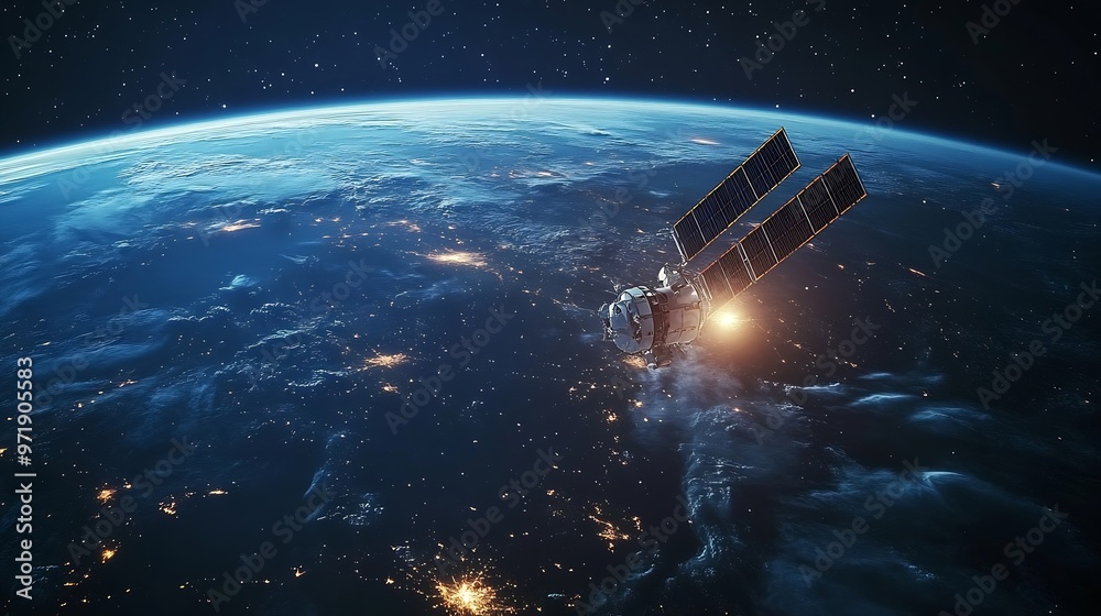 Poster Telecommunication satellite providing global internet network and high speed data communication above Europe Satellite in space low Earth orbit Worldwide communication technology : Generative AI
