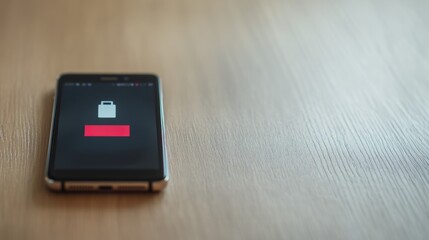 Close-up of a modern smartphone with a battery indicator showing full charge, placed on a wooden table. The background is softly blurred, focusing on the device's safety features