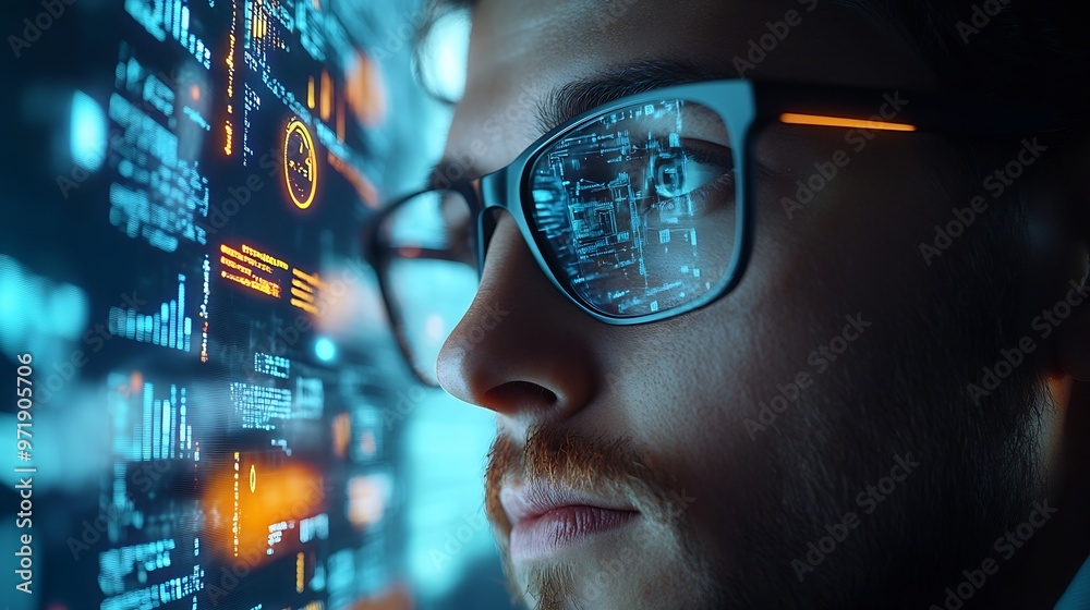Poster businessman analyzes profitability of working companies with digital augmented reality graphics posi