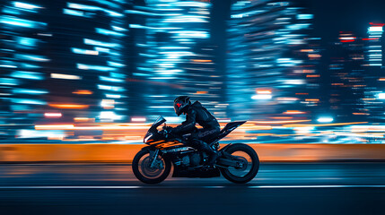 Fototapeta premium A sport motorcycle racing under the bright lights of a city track at night with glowing skyscrapers in the background.