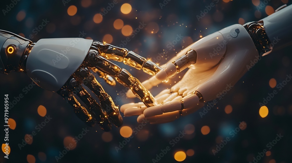 Leinwandbilder Hands of robot and human holding big data of global network connection Cooperation between people and machine technology concept AI technology development and global robotic science : Generative AI