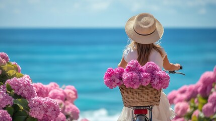 Child girl with bicycle and pink flowers on sea beach Kid in straw hat and dress riding on sunny coastline Hydrangea in bike basket Concept of happy peaceful childhood summer holiday a : Generative AI