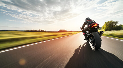 Fototapeta premium A sport motorcycle speeding along a rural highway leaving a trail of dust in its wake as it blurs past endless fields. AI generated