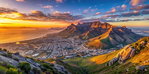 Panoramic sunrise view from Table Mountain's rugged slopes, overlooking Cape Town's sparkling cityscape, the Atlantic Ocean, and distant Hottentots Holland Mountains.